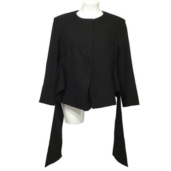 St John Black Linen Blend Collarless Attached Front Tie Belt Blazer New Size 10 - Picture 5 of 12